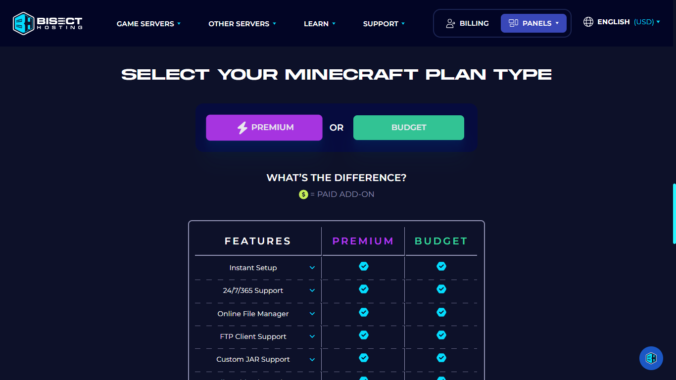 BisectHosting, choose premium or budget